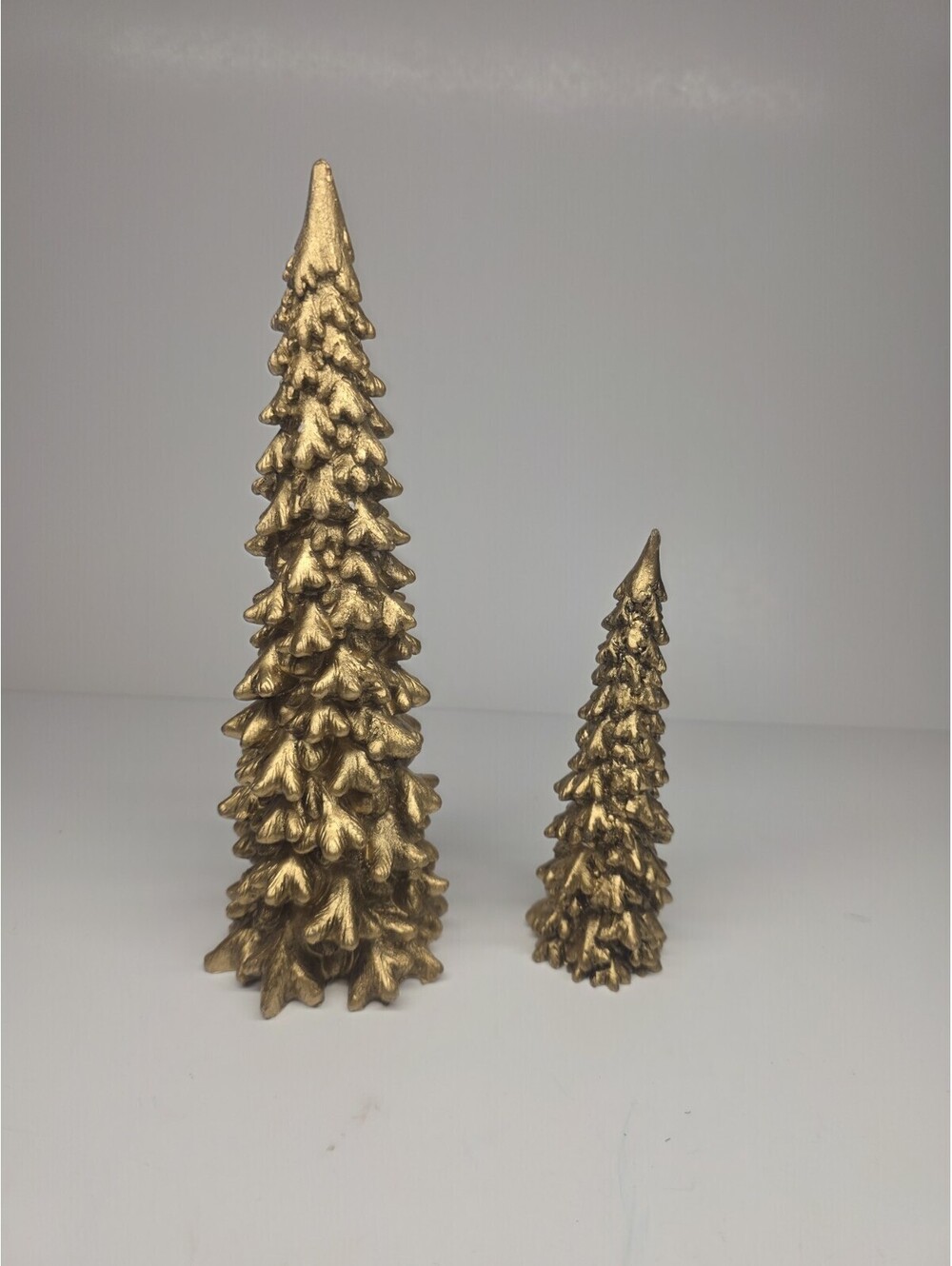 Set of 2 Resin Gold Pine Christmas Trees  Approx 9" & 6" Holiday Decor Figurines